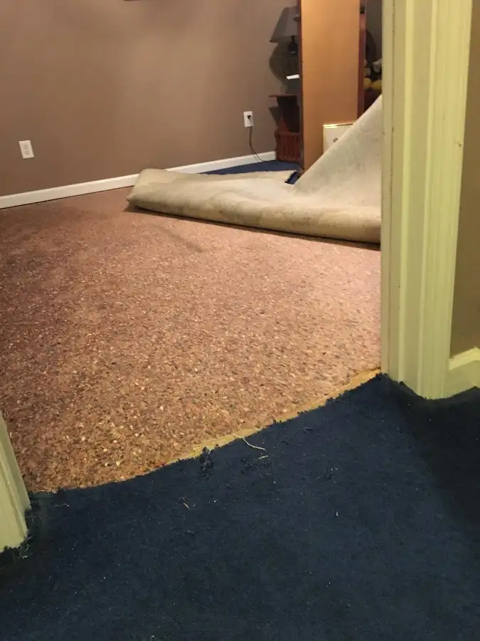 Carpet pad removal revealing water damage during Water Mitigation Services in Cannon